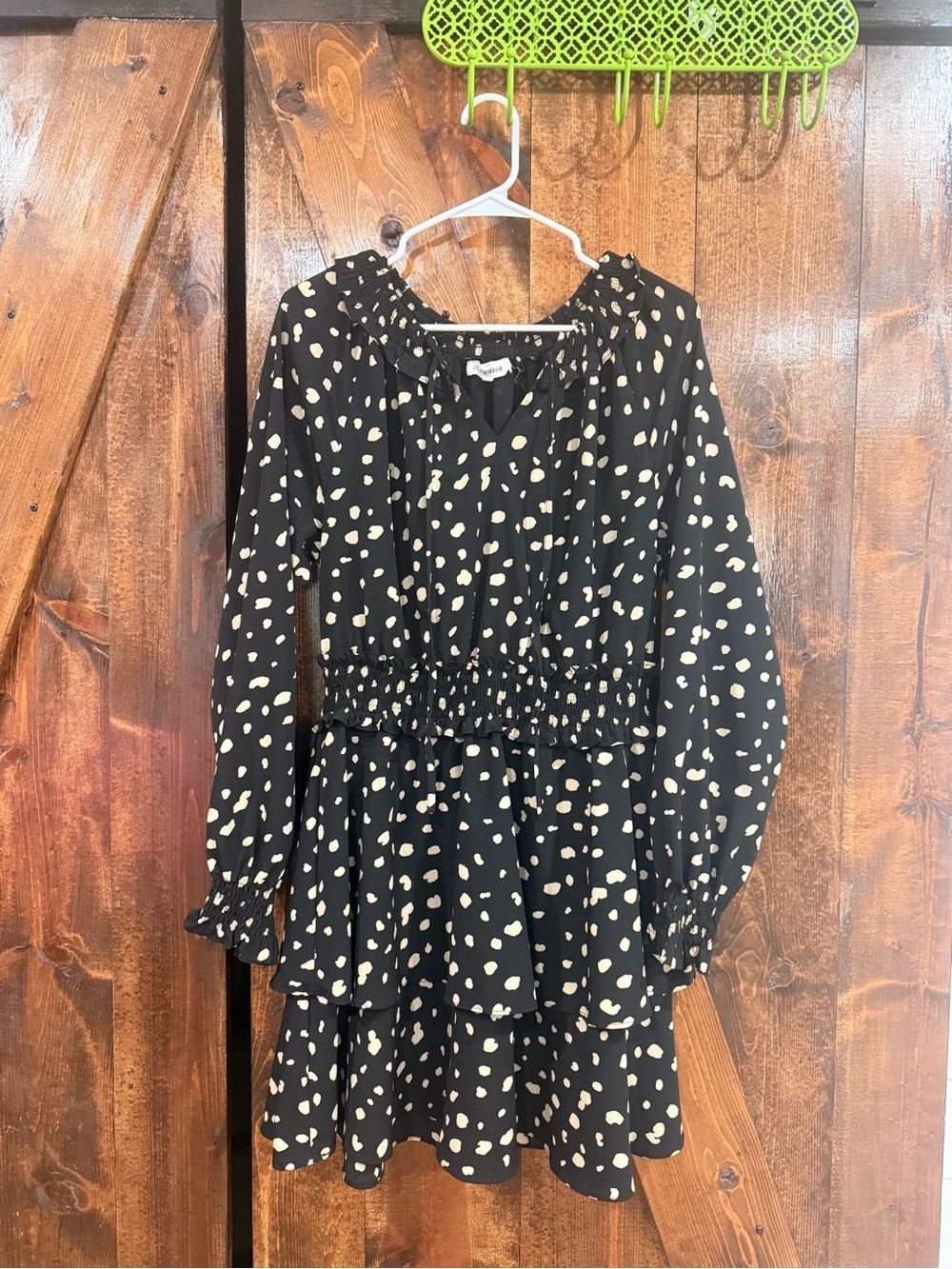 MACARON Black Dress with Cream Dot Print